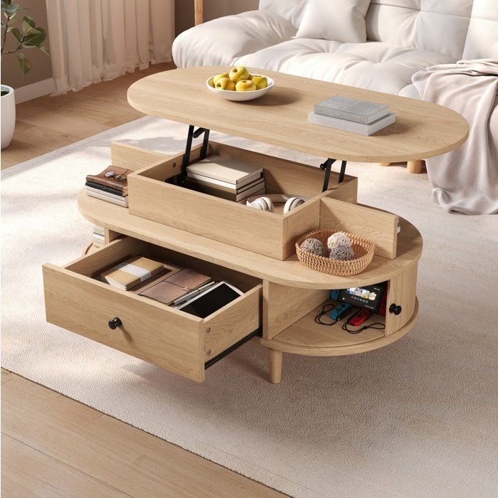 MEUBLIV Table basse ovale relevable 105 x 50 cm rangement tiroir et portes coulissantes naturel