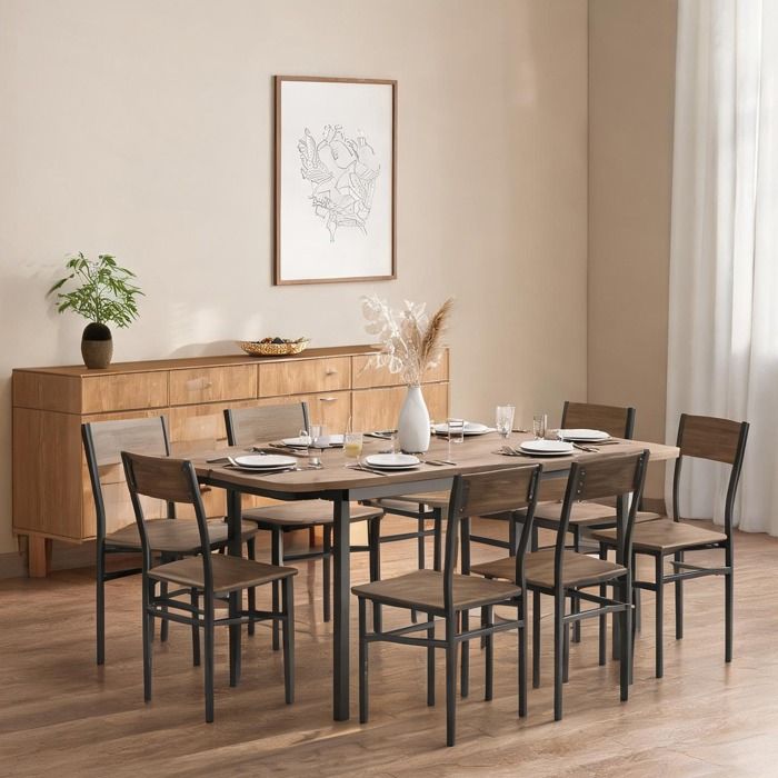 Table à manger extensible 120-160 cm avec 6 chaises structure métallique et - Marrón MDF Metal 160 x 71.1 x 76 cm Ref JTOQGD