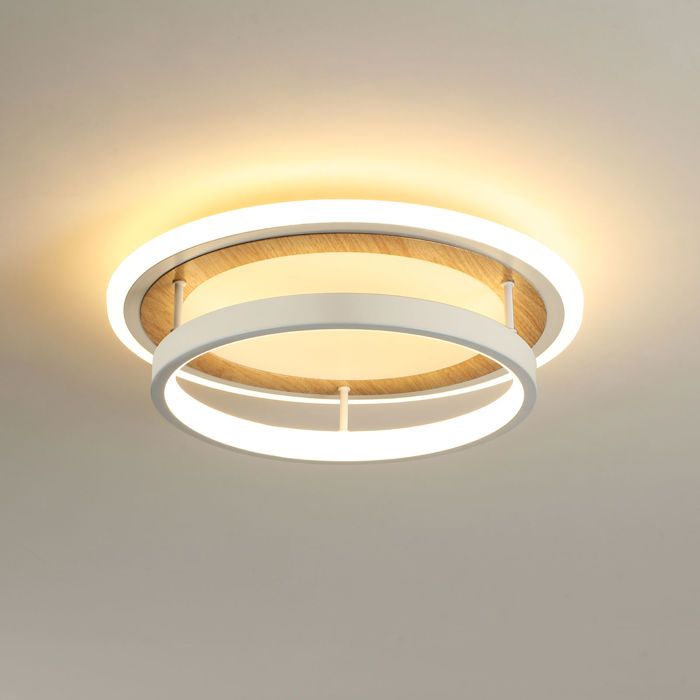 Plafonnier LED rond moderne D30 x H9 cm lampe de plafond 30 W blanc sable et bois 3000 K blanc chaud salon chambre cuisine