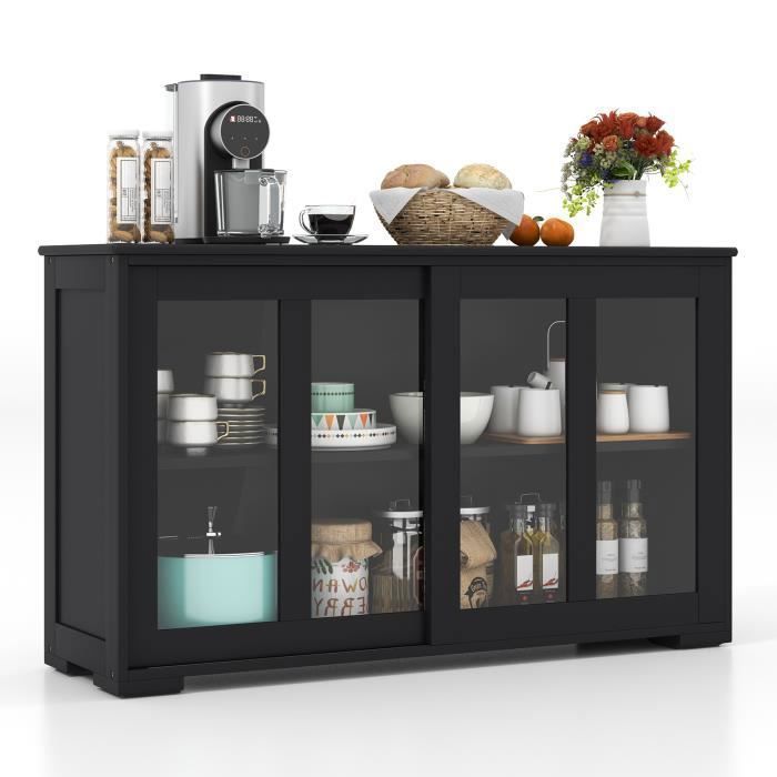 COSTWAY Buffet de Cuisine Meuble Commode Rangement Cuisine L106 5 cm – MDF Noir 2 Etagères avec 2 Porte Coulissantes en Verre