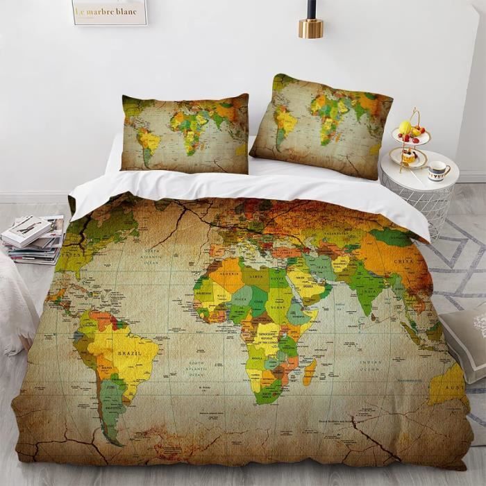 Parure De Lit Carte Du Monde Vintage – Microfibre – 3 Pièces – Effet 3D – Respirante – Double 200×200 Cm