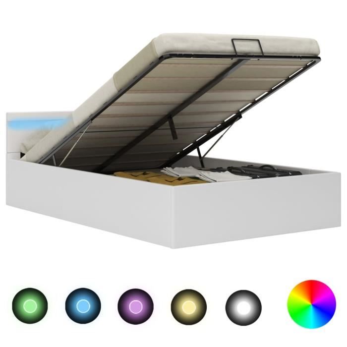 Cadre de lit - ZY - 120x200 cm - Similicuir Blanc - Rangement avec LED - Mécanisme à gaz hydraulique