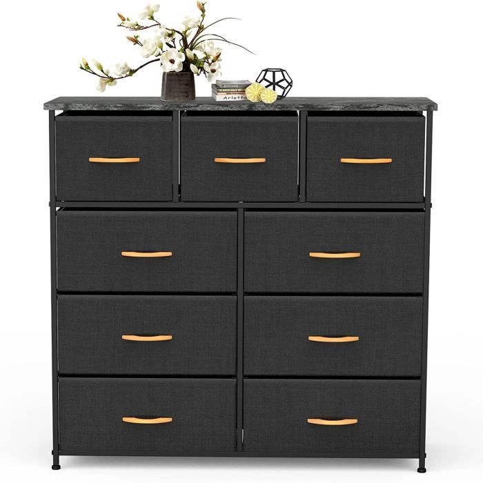 Commode avec 9 tiroirs,Meuble de Rangement Chambre avec Cadre en Acier Robuste et Plateau en