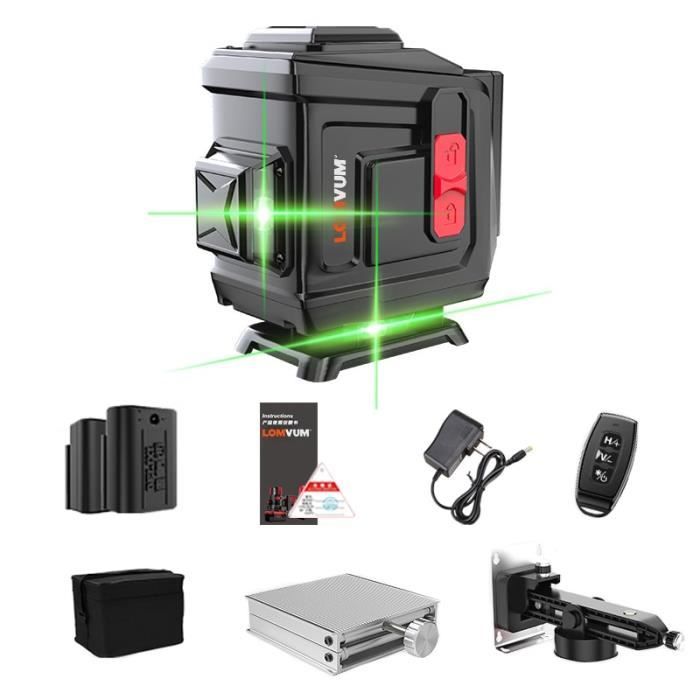 Niveau Laser 3 Lignes 360° Vert Avec Télécommande Et Base Magnétique - Neuf - 2.3 Kg