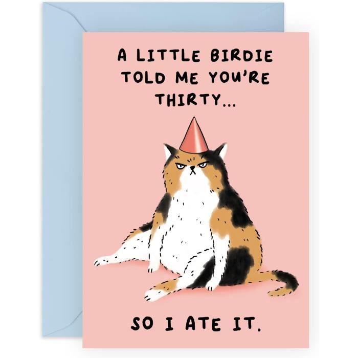 Carte D'anniversaire 30 Ans Avec Chat - Carte Humour Pour Femme, 145x145 Mm, Carton épais 350 G/m², Enveloppe Rose