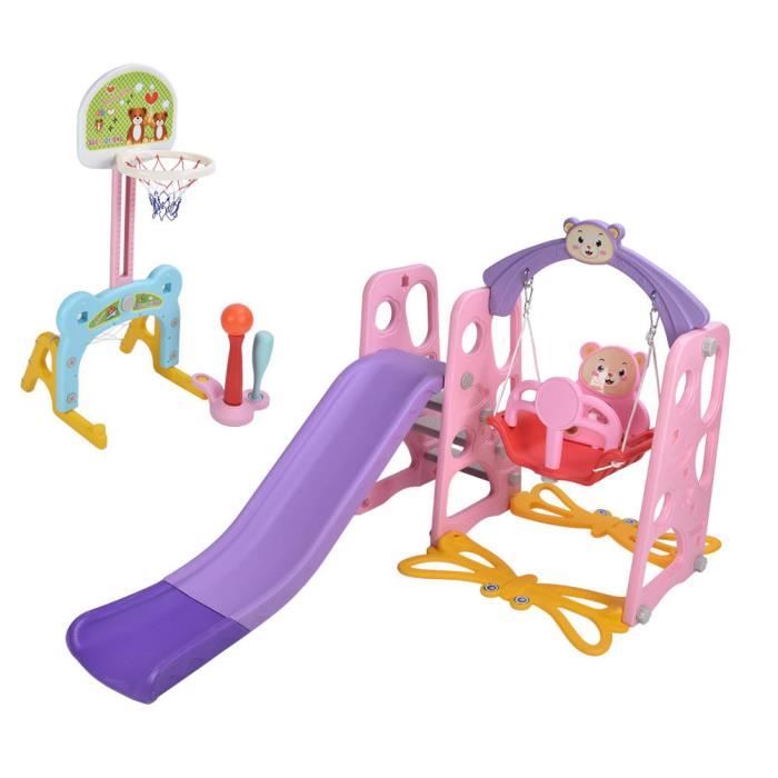 Toboggan Enfant Hoopyosms Avec Échelle, Panier Basket Et Tunnel - Jeu Extérieur Montessori - Gris