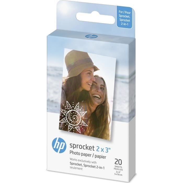 Papier Photo HP Sprocket 2x3 ZINC 5x7,6cm - Pack de 20 feuilles - Finition glacée