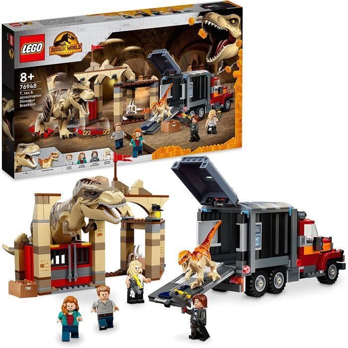 LEGO 76948 Jurassic World LEvasion du T. Rex et de lAtrociraptor, Jouet de Dinosaures avec Camion et Minifigurines, pour Enfa