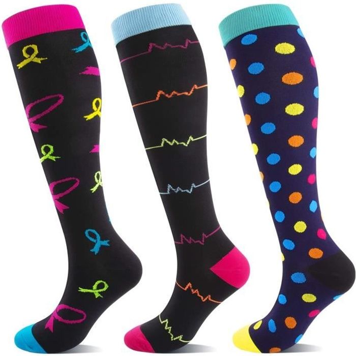 chaussettes de contention pour femmes et homme - running - bas de compression pour sport - blanc et multicolore