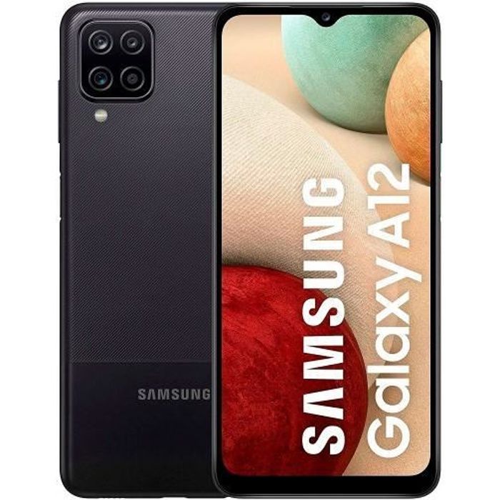 Téléphone portable SAMSUNG GALAXY A12 de couleur noire, double SIM, 4G, écran de 6,5 pouces avec panneau LCD et résolution HD + de