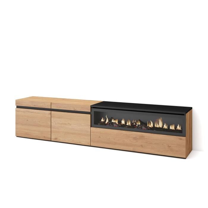 Meuble TV Banc Télé 200x35x45cm Pour les TV jusquà 80 feu électrique Chêne et noir RF2157 Meuble TV Banc Télé 200x35x45cm Pour les TV jusquà 80 feu électrique Chêne et noir RF2157