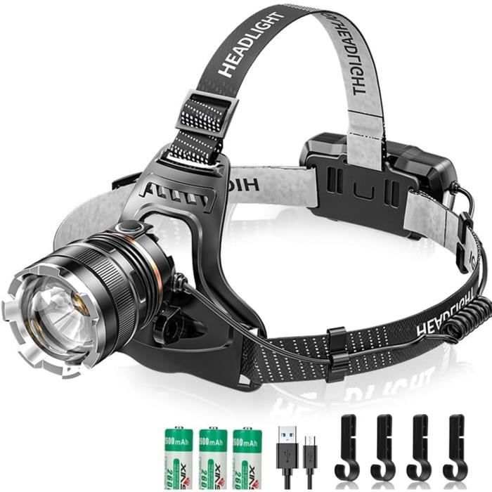 Lampe Frontale Rechargeable 100 000 Lumens | Zoom 1km, étanche IPX7, Batterie 9000mAh | Pour Camping, Randonnée, Urgences