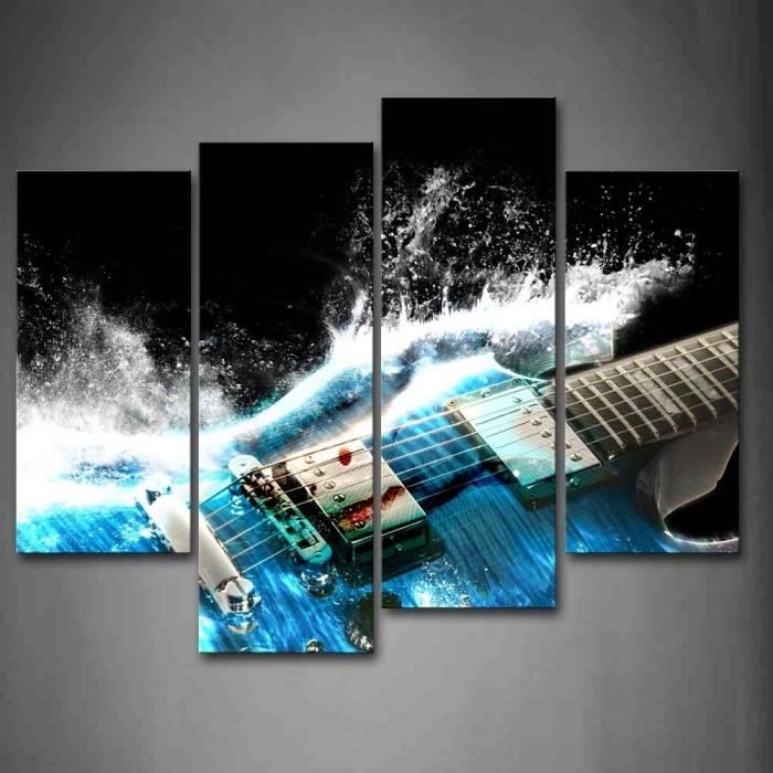 Tableau Toile Guitare Bleue Et Vagues – Diptyque & Triptyque Musique Moderne, Art Abstrait Pour Salon, Chambre Ou Bureau Déco Murale Guitare