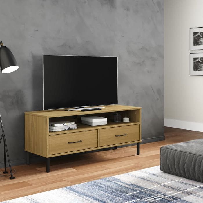 vidaXL Meuble TV avec pieds en métal Marron Bois de pin massif OSLO support TV armoire média armoire hifi unité TV 351024