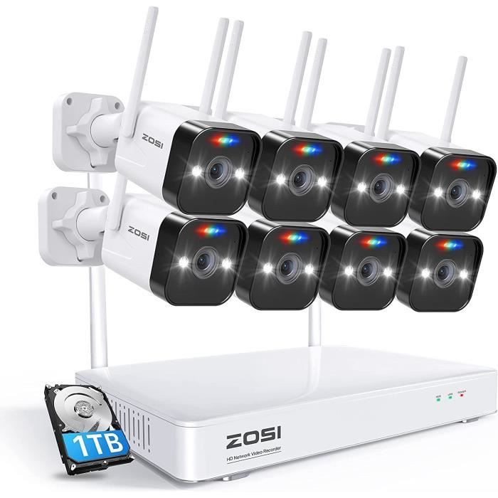 ZOSI W4 Pro 8CH 3MP 1TB Kit Caméra de Surveillance WiFi, Détection de Mouvement PIR, Alarme Sonore & Lumineuse, Audio