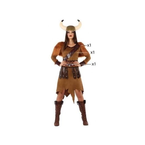 Déguisement Guerrière Médiévale Femme – Robe Rouge, Cape Marron, Protège-bras Et Bandeau (Épée Non Incluse)