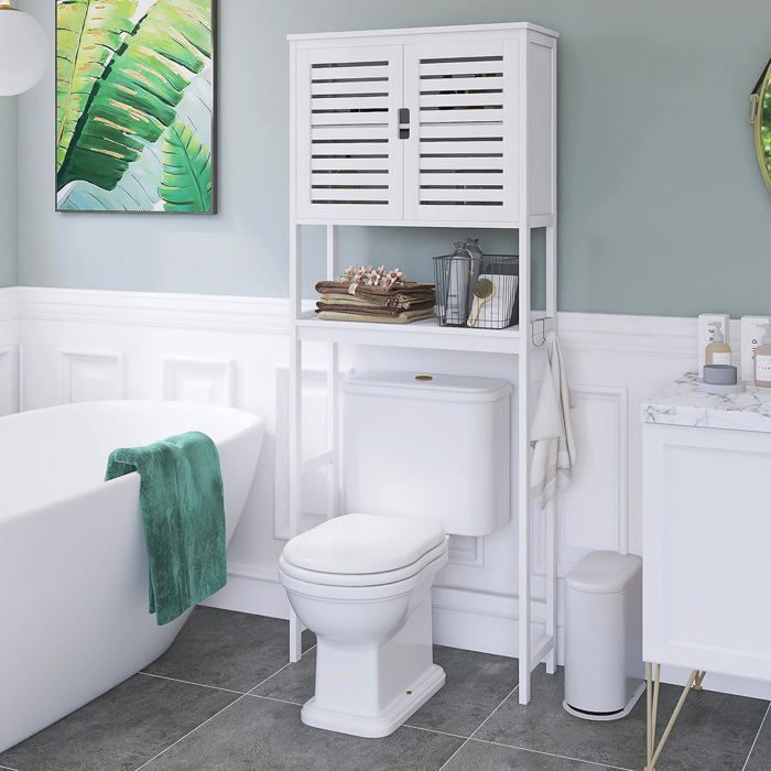 Meuble Dessus WC Wallis - Blanc Et Hêtre - Dimensions 79x23x95,5 Cm - Avec Placard Et étagère - Gain De Place Salle De Bain