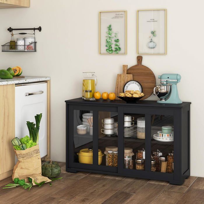 Buffet Meuble De Cuisine Avec Porte Coulissante En Verre - Placard De Rangement Multicouleur