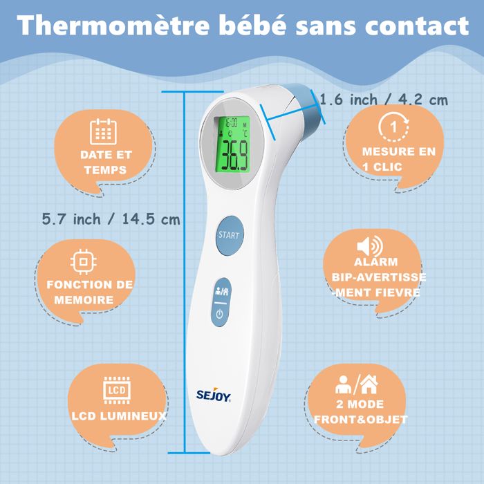 Thermomètre frontal adulte Thermomètre infrarouge avec arte de fièvre Thermomètre frontal 2 en 1 sans contact avec fonction mémoire, écran LCD