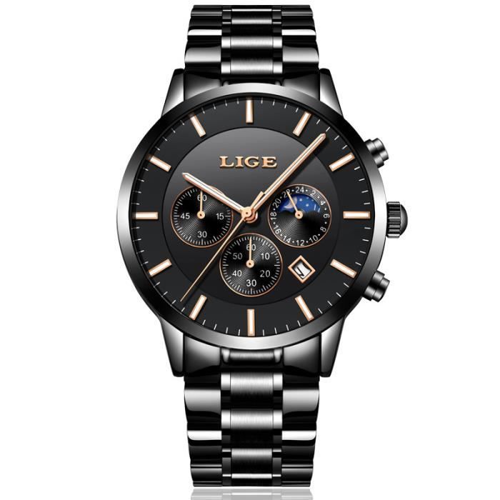 Affute Montres pour Homme Mode Sport Quartz Analogique Noir Maille Acier Inoxydable Étanche Chronographe Montre-Bracelet Auto Date en - Gris-Noir