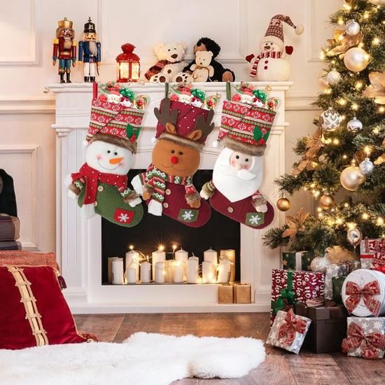 Lot De 3 Chaussettes De Noël à Suspendre - Déco Sapin Ou Cheminée - Motifs Père Noël, Bonhomme De Neige, Renne - 11