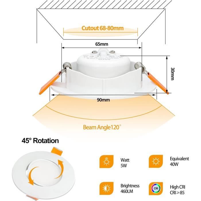 Spot led encastrable extra plat pour meuble rond 65mm blanc 4,5W