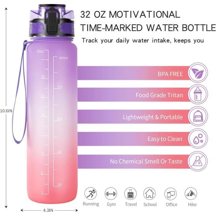 Gourde Sport 1L XACIOA Avec Marqueur De Temps - Motivatrice, Sans BPA, étanche - Avec Paille Et Brosse De Nettoyage