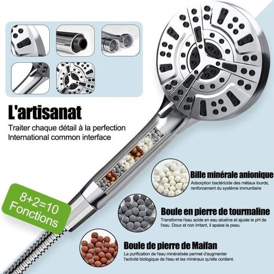Kit Douche Haute Pression 5 Modes Universel - Tête Chromée + Tuyau, économie D'eau, Facile à Installer