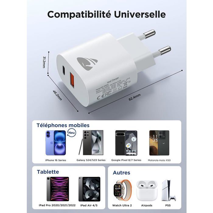 Pack Chargeur Little Boutik : Adaptateur Secteur 20W + Chargeur Induction 15W – Pour IPhone 14 Et + – Blanc