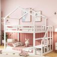 DRIPEX Lit enfant 90×200cm Lit superposé avec escaliers de sécurité,Lit maison avec barrière de sécurité,cadre de lit en bois,Blanc-0