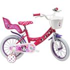 BRAND Vélo enfant Fille 14'' Minnie / Disney ( taille enfant 90 cm à 105 cm ) Blanc & Rose, équipé de 2 freins, porte poupée, panier