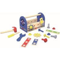 Boîte à outils en bois, comprend entre autres une clé, un marteau et un tournevis. Pour les enfants à partir de 3 ans.