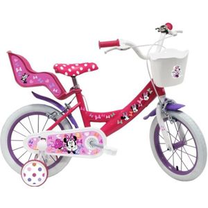VÉLO ENFANT Vélo enfant Fille 14'' Minnie / Disney ( taille enfant 90 cm à 105 cm ) Blanc & Rose, équipé de 2 freins, porte poupée, panier