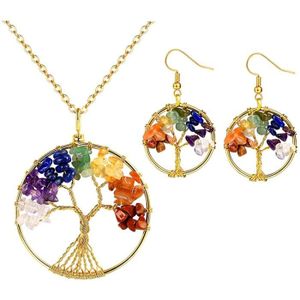 FOCALOOK Bijoux Femme Plaqué Or 18K/Or Blanc Boucle d'oreille/Collier/Parure Pendentif Ronde/Coeur Arbre de Vie avec Cristaux Chakra à 7 Couleurs Bijoux Relligieux 