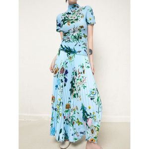 JUPE Jupe,Ensemble 2 pièces haut et jupe à imprimé Floral pour femmes, tenue élégante de styliste, manches courtes, Midi - Bleu[D30462]