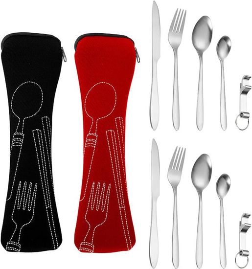 Ensemble Complet 13 Pièces Couverts Camping Inox – Vaisselle Portable Avec Fourchettes, Cuillères, Couteaux, Assiettes, Ouvre-Bouteille Et Sac De Transport