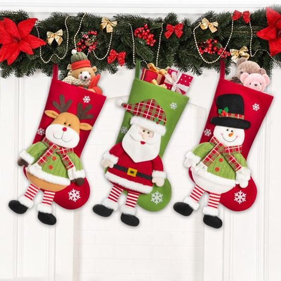 DINGFDENG Lot De 3 Chaussettes De Noël Personnalisées Enfant | Motifs Père Noël, Bonhomme De Neige, Renne - 23x16 Cm