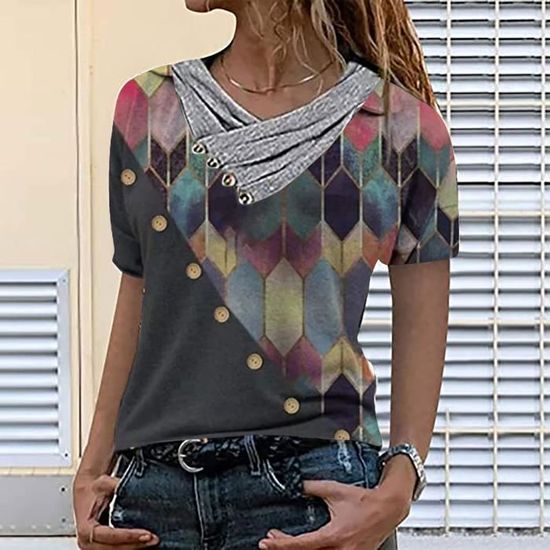 T-shirt Femme Col V Manches Courtes - Imprimé Taches De Sang Halloween - Décontracté, Coton, Pour Soirée Ou Quotidien