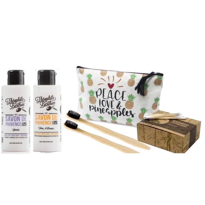 Coffret Bio Gel Douche au Lait d'Anesse, Coton tiges et Brosses à Dents en bambou Naturel