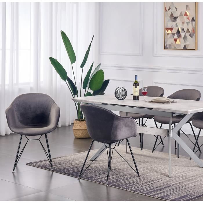 VALENTINA - Lot de 4 Chaises Scandinaves en Velours Gris Foncé - Style Vintage - Salle à Manger, Cuisine, Bureau