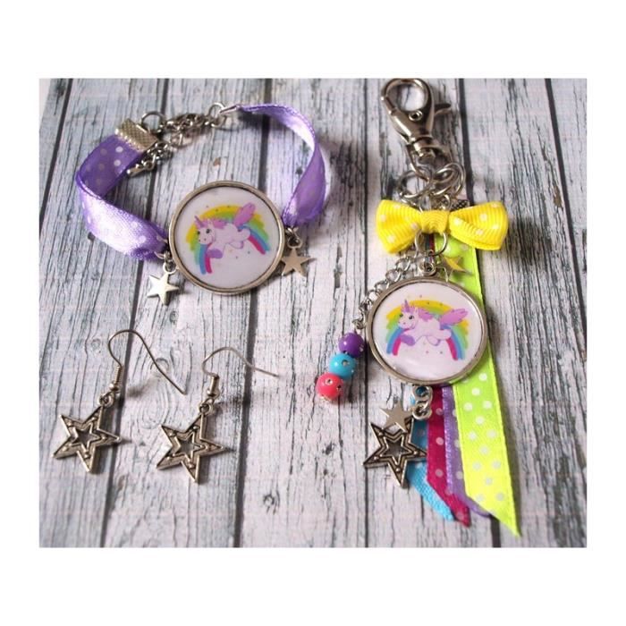 Parure bijoux - licorne arc en ciel - bijou de sac, bracelet cabochon, boucles d'oreilles étoiles. Idée cadeau