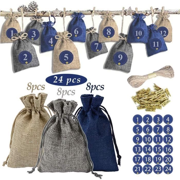 Sac Cadeau De Noël Calendrier de l'Avent pour Le Remplissage Sac en Jute Sac Cadeau de Noël Kit d'artisanat de Calendrier de Noël