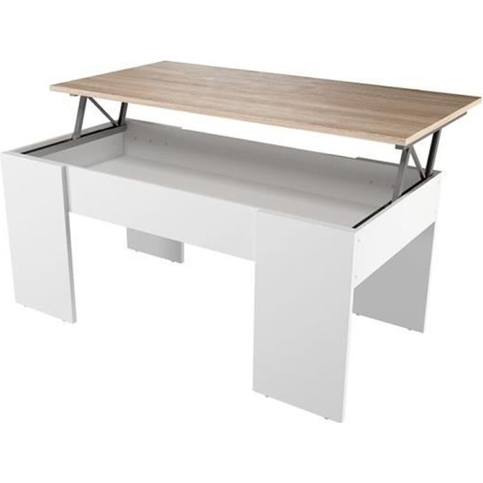 Table basse GOTHAM avec plateau relevable et rangement - Couleur - Blanc / Bois