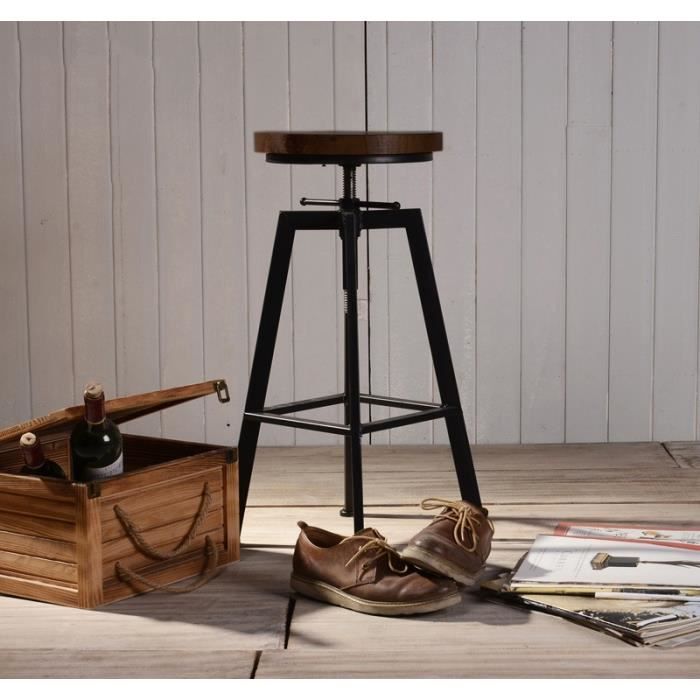 2 Tabourets de Bar Réglable sur Vis Design Vintage Industriel - Métal et Bois
