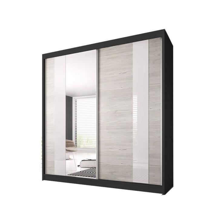 Armoire de Chambre avec 2 Portes coulissantes et mirior - Penderie (Tringle) avec étagères (LxHxP): 233x218x61 Ben 32 (Noir)