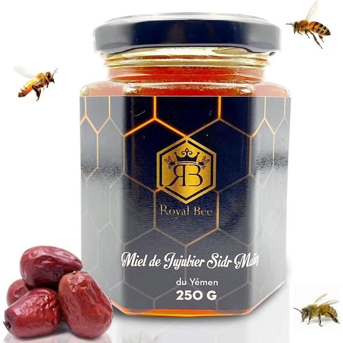 Miel de Sidr du Yémen Maliky Pur jujubier Brut Sidr Honey Royal 250g Naturel - Energisant - 1 cuillère en bois Naturel Biodégradable