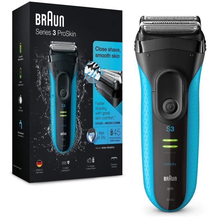 Braun Series 3 ProSkin 3040s Rasoir Électrique Homme Barbe, Noir/Bleu - Rasoir Électrique Rechargeable