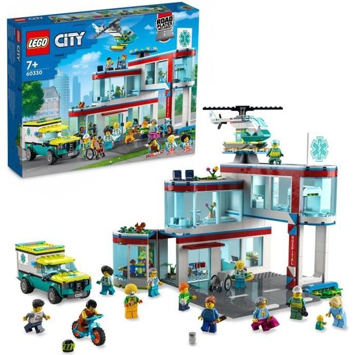 LEGO 60330 City L’Hôpital, Jouet Camion d’Ambulance et Hélicoptère avec 12 Minifigurines, Plaques de Route, Enfants Dès 7 Ans