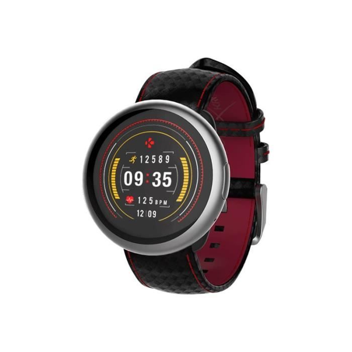 MyKronoz ZeRound2HR Premium 45 mm argent brossé montre intelligente avec sangle cuir carbone noir avec coutures rouges 1.22- 256…