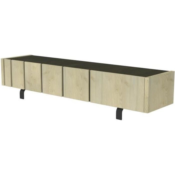 Meuble TV 3 portes - Décor chêne et ardoise - L 190 x P 45 x H 41 cm - RUSH